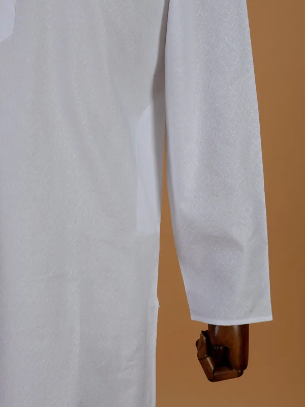 White cotton embroided kurta set for men