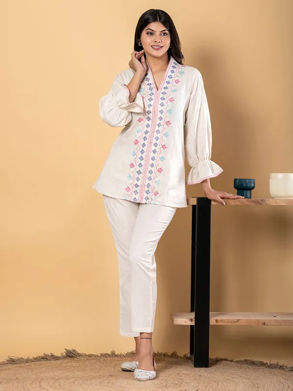 White cotton embroidered co ord set