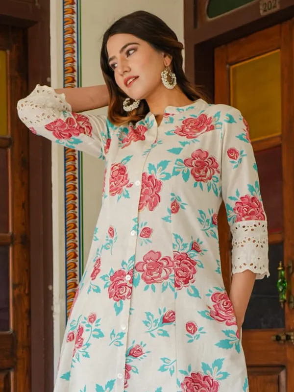 White cotton floral printed kurti
