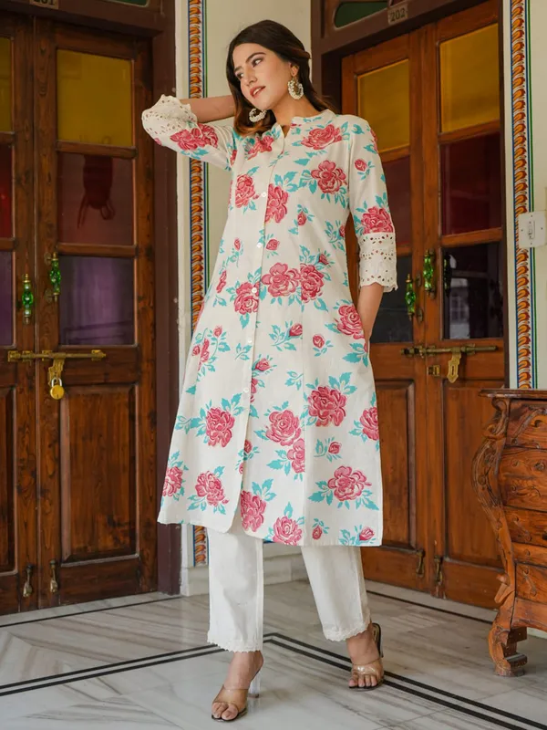 White cotton floral printed kurti