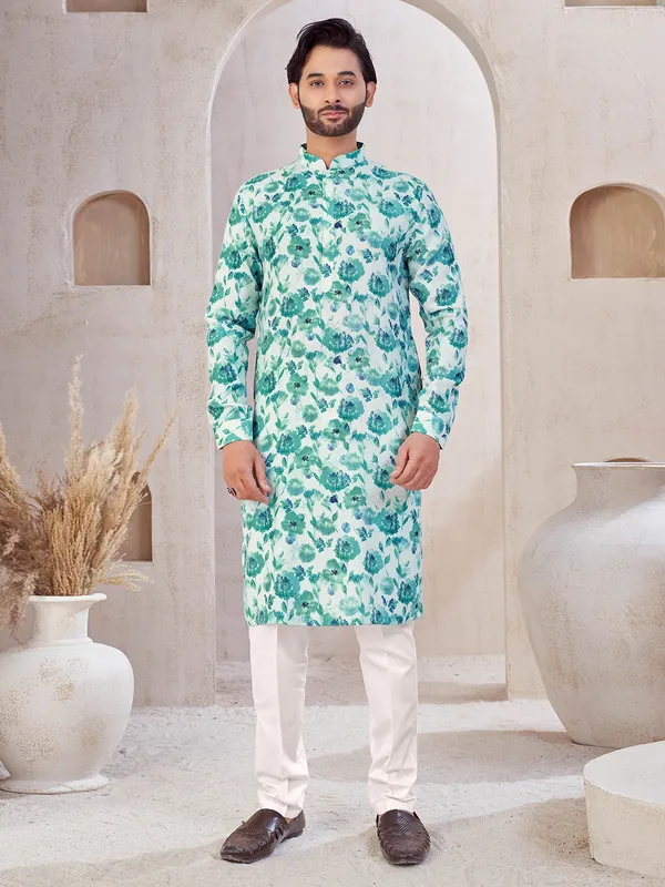 White cotton kurta pajama with print for mens