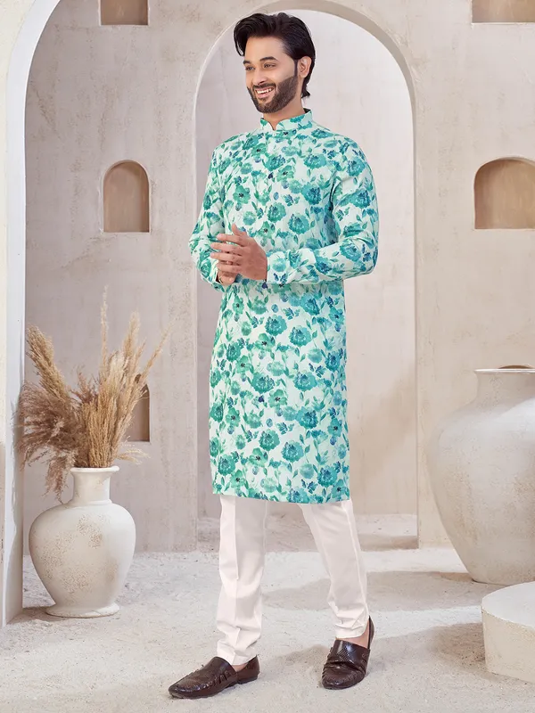 White cotton kurta pajama with print for mens