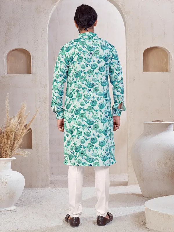 White cotton kurta pajama with print for mens