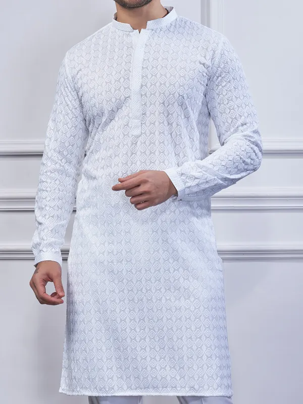 White cotton kurta suit for festive wear