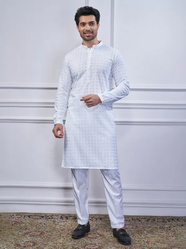 White cotton kurta suit for festive wear