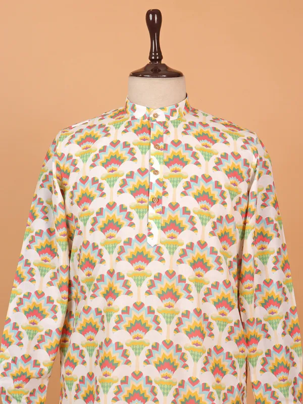 White cotton kurta suit in stylish print for men