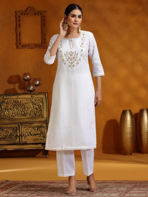 White cotton kurti set for festive wear