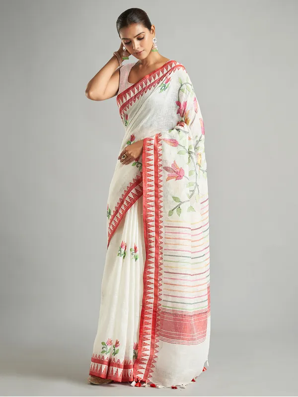 White cotton linen saree with minakari work