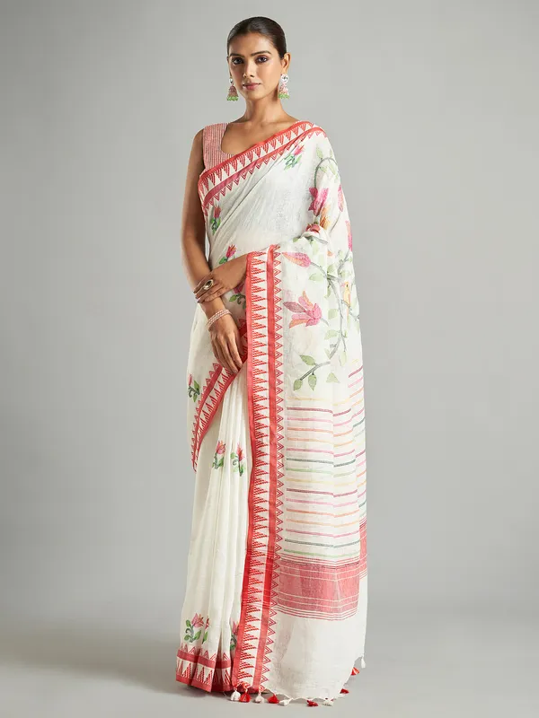 White cotton linen saree with minakari work