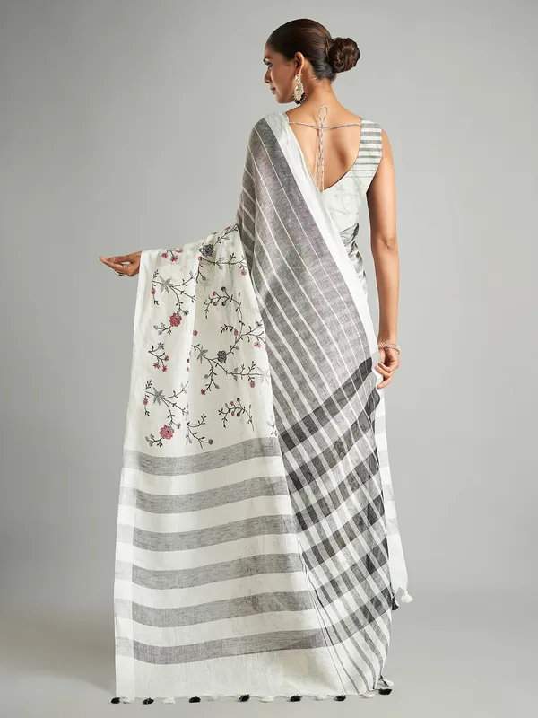 White cotton linen stripe saree