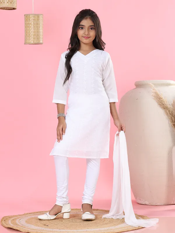 White cotton lucknow work palazzo salwar suit