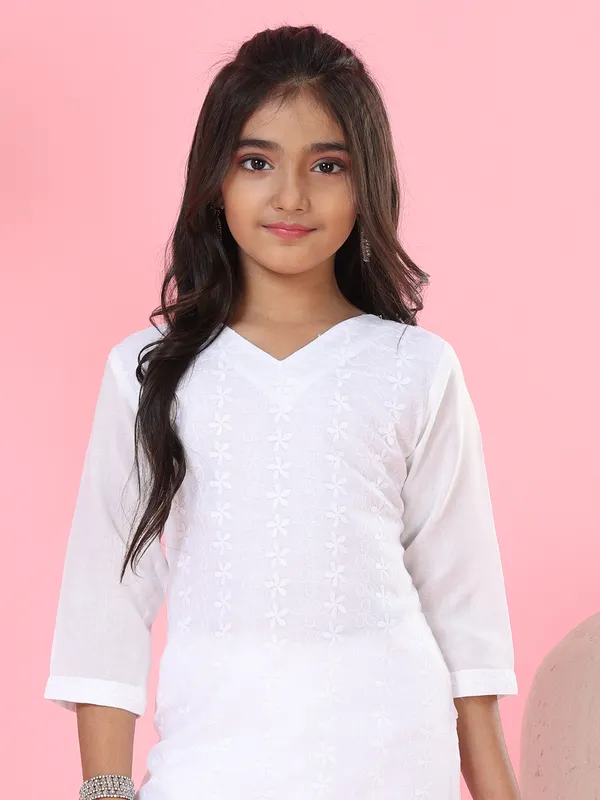 White cotton lucknow work palazzo salwar suit
