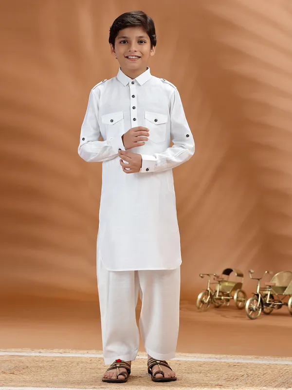 White cotton pathani kurta set for boys