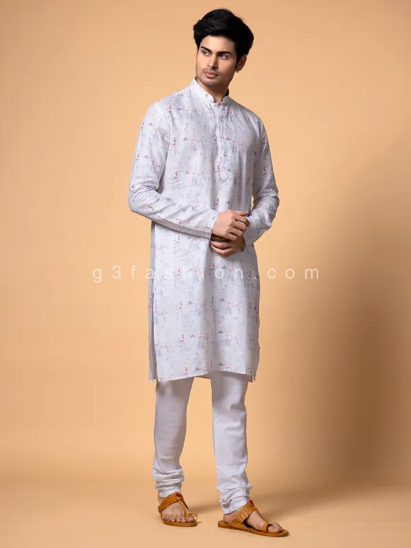 White cotton printed festive  Men Kurta pajama