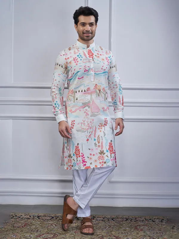 White cotton printed kurta suit for festival