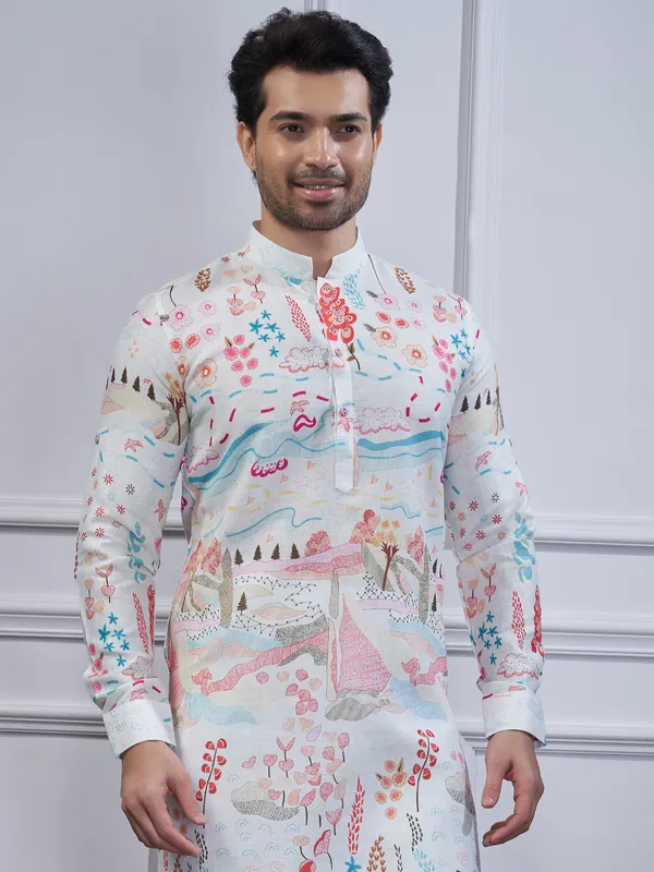 White cotton printed kurta suit for festival