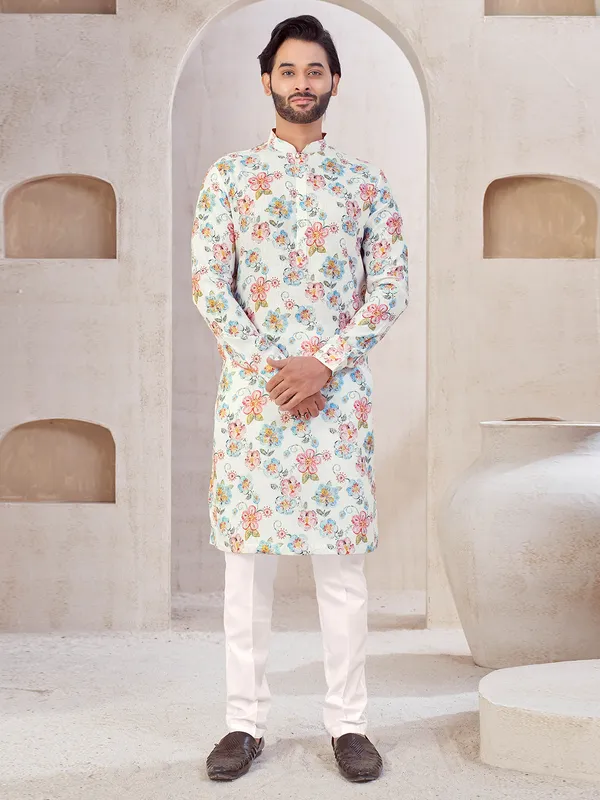 White cotton printed kurta suit for mens