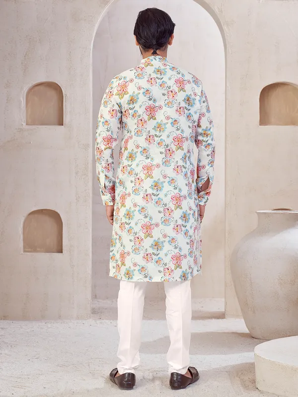 White cotton printed kurta suit for mens