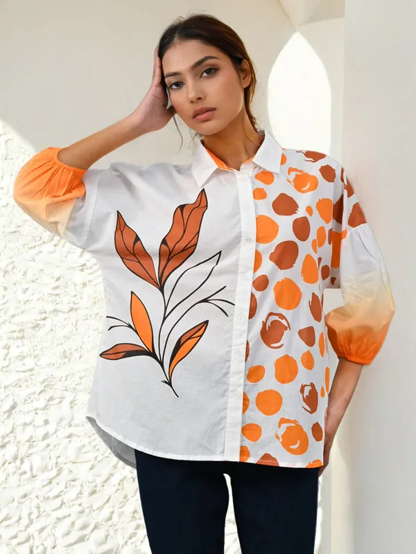 White cotton printed shirt for women