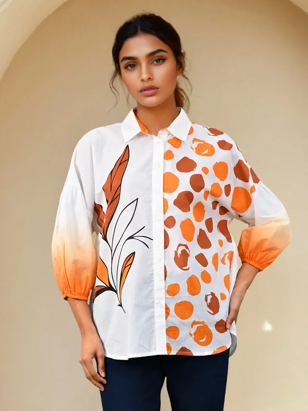 White cotton printed shirt for women
