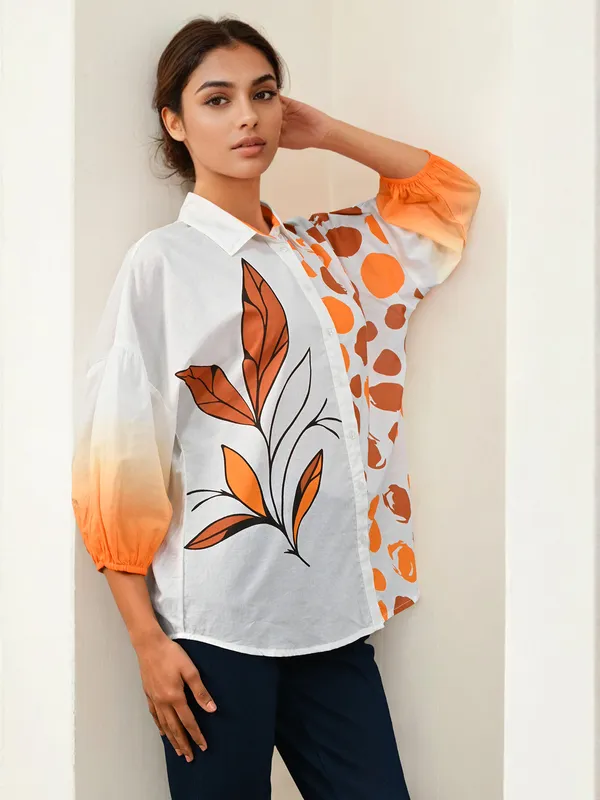 White cotton printed shirt for women