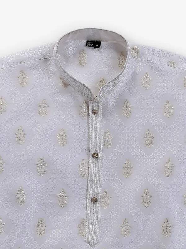 White cotton silk boys kurta set with zar work