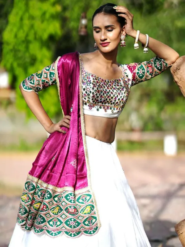 White cotton silk chaniya choli with dupatta
