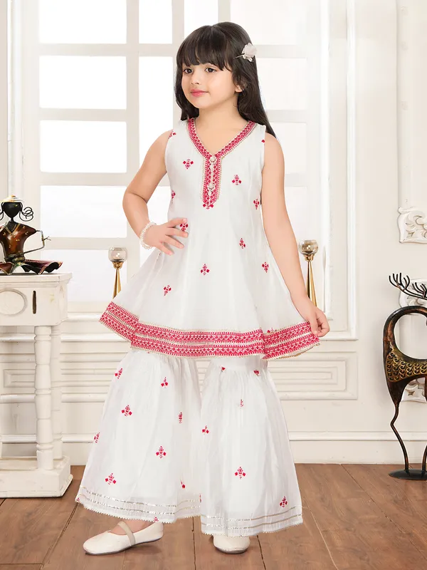 White cotton silk embroidered work sharara suit