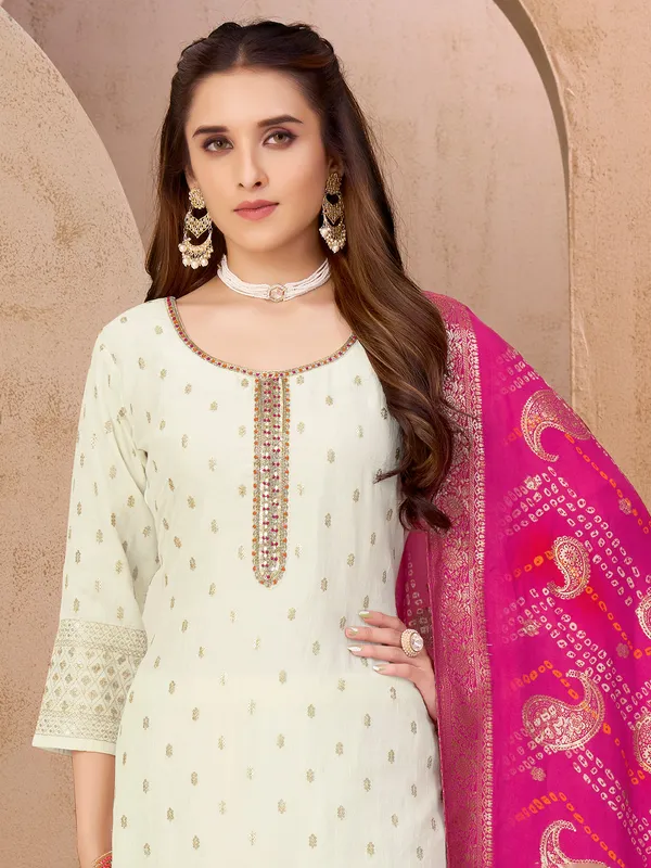 White cotton silk festive salwar suit with dupatta