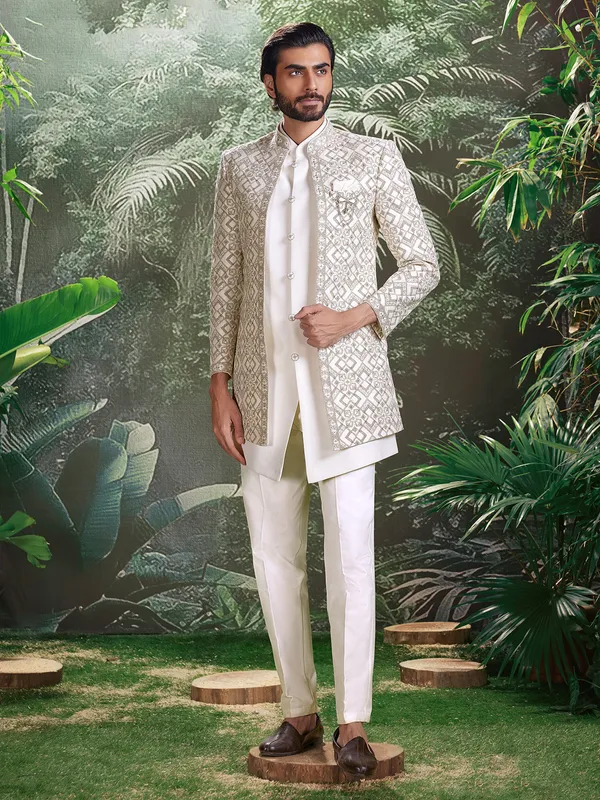 White cotton silk indo western for grand occasions