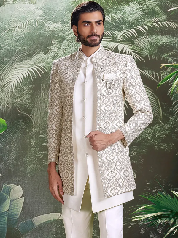 White cotton silk indo western for grand occasions