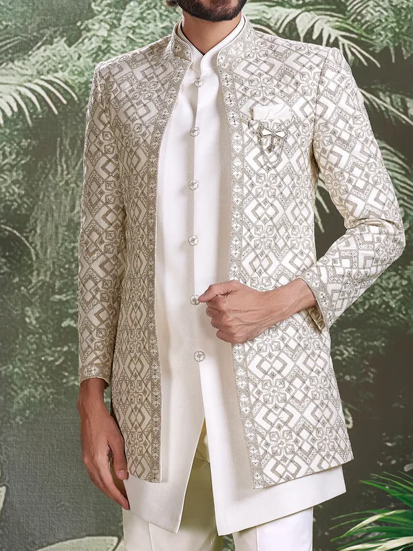 White cotton silk indo western for grand occasions