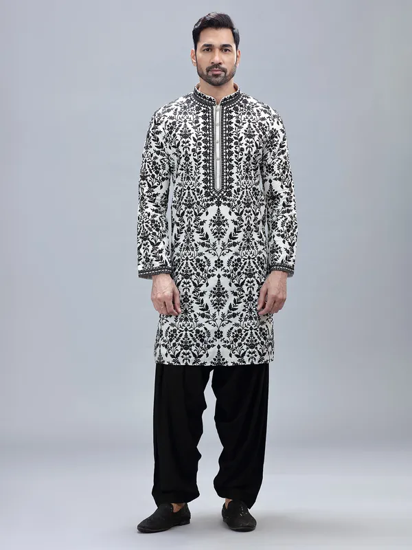 White cotton silk kurta set with matching patiyala