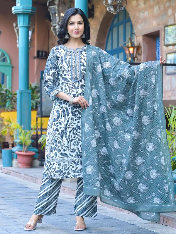 White cotton silk kurti set with print