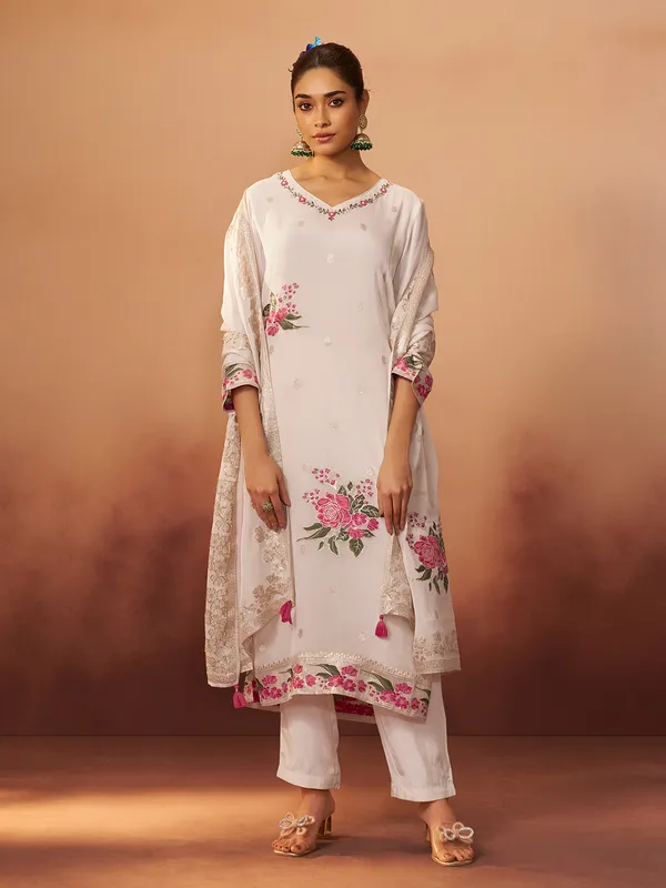 White cotton silk kurti set with print for women