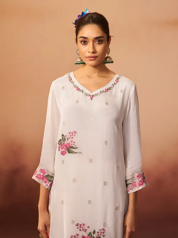 White cotton silk kurti set with print for women