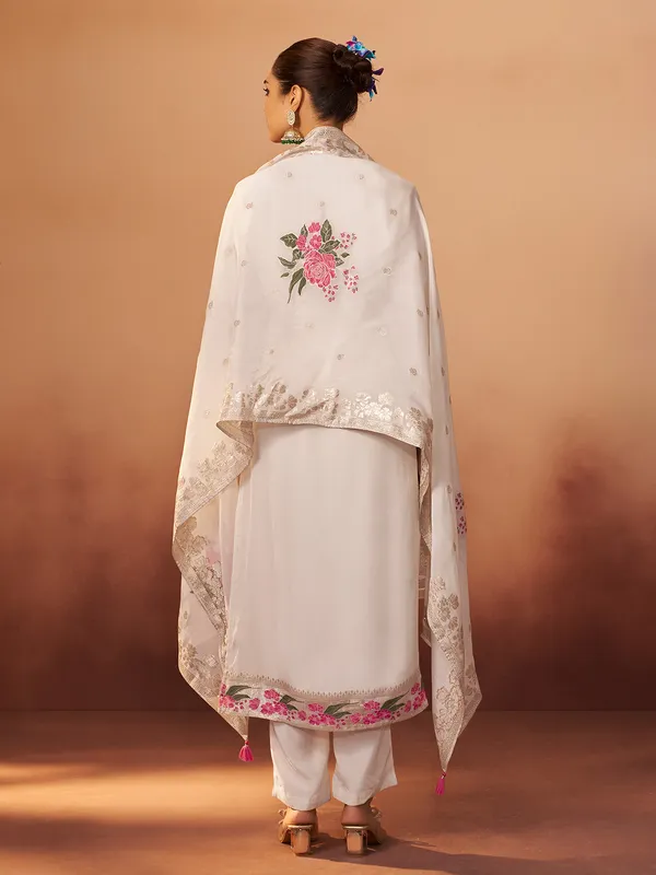 White cotton silk kurti set with print for women