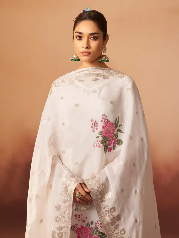 White cotton silk kurti set with print for women