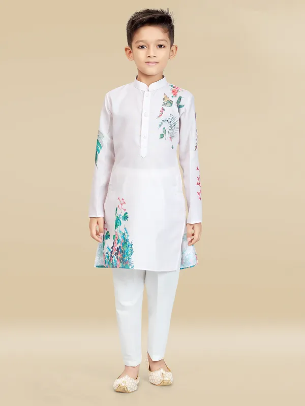 White cotton silk printed kurta set