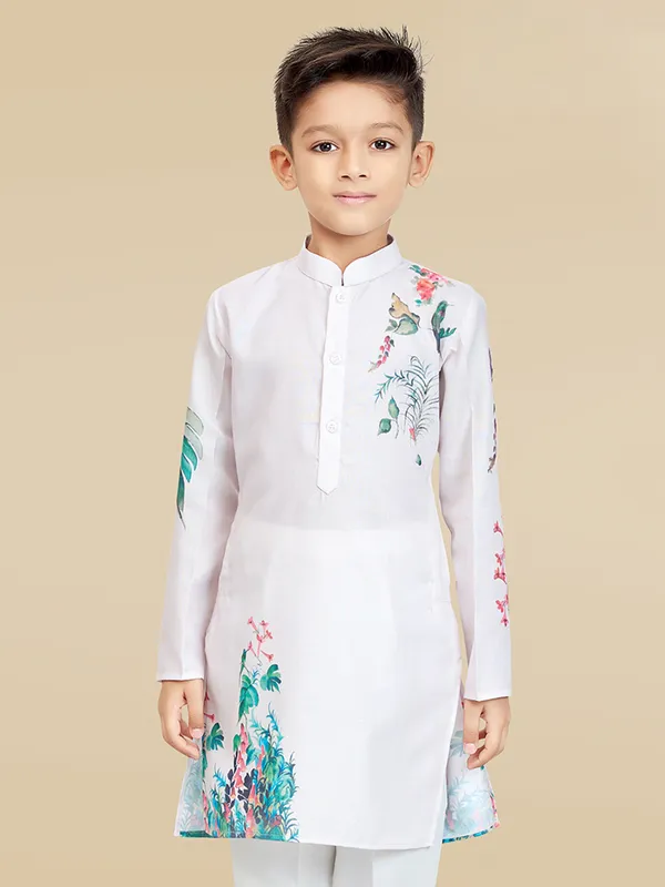 White cotton silk printed kurta set