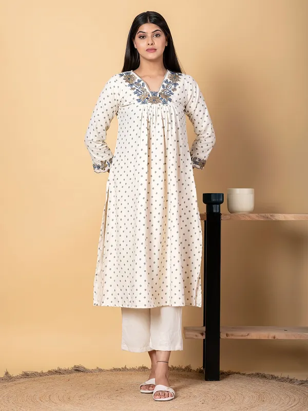 White cotton silk printed kurti palazzo set for women