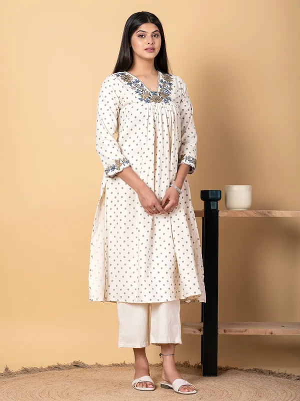White cotton silk printed kurti palazzo set for women