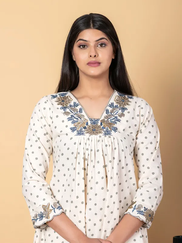White cotton silk printed kurti palazzo set for women