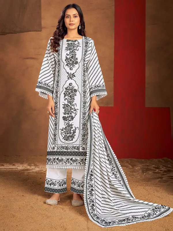 White cotton silk printed kurti set for women
