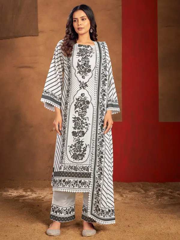 White cotton silk printed kurti set for women