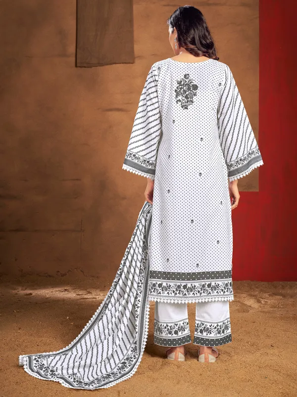 White cotton silk printed kurti set for women