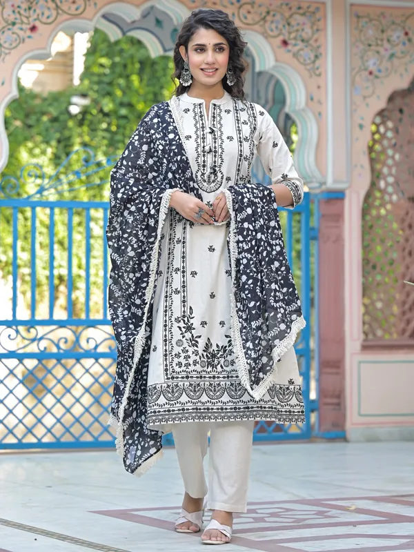 White cotton silk printed salwar kameez