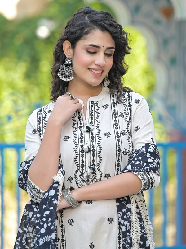 White cotton silk printed salwar kameez