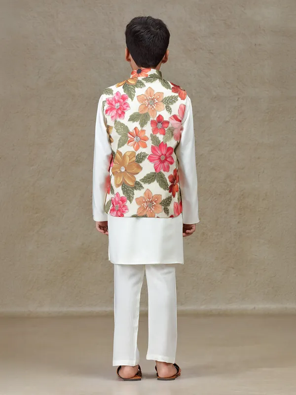 White cotton silk printed waistcoat set