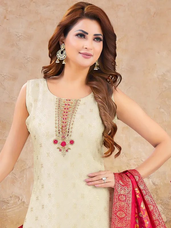 White cotton silk salwar suit with designer detailing